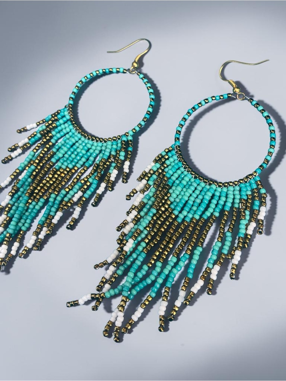 Turquoise Beaded Fringe Hoop Earrings